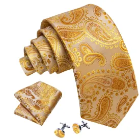 Men's Gold Paisley 100% Silk Neck Tie With Matching Hanky And Cufflinks Set