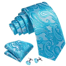 Men's Pale Blue Paisley 100% Silk Neck Tie With Matching Hanky And Cufflinks Set