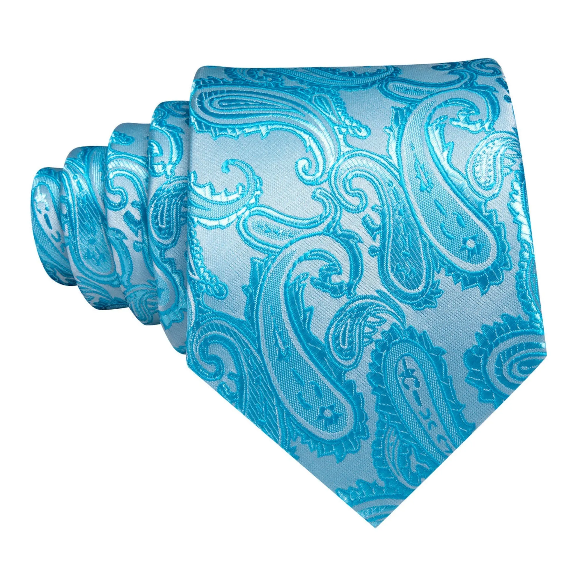 Men's Pale Blue Paisley 100% Silk Neck Tie With Matching Hanky And Cufflinks Set