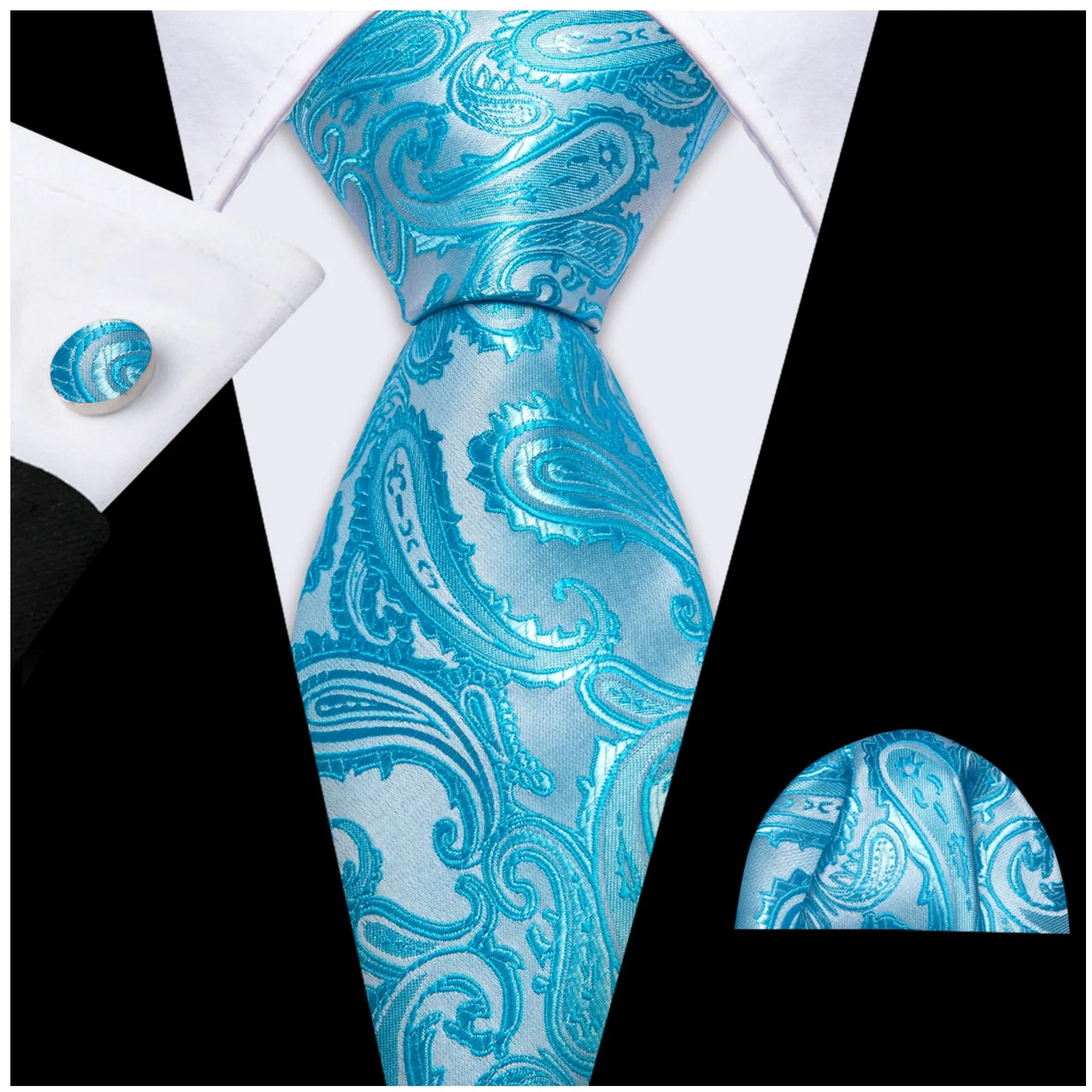 Men's Pale Blue Paisley 100% Silk Neck Tie With Matching Hanky And Cufflinks Set