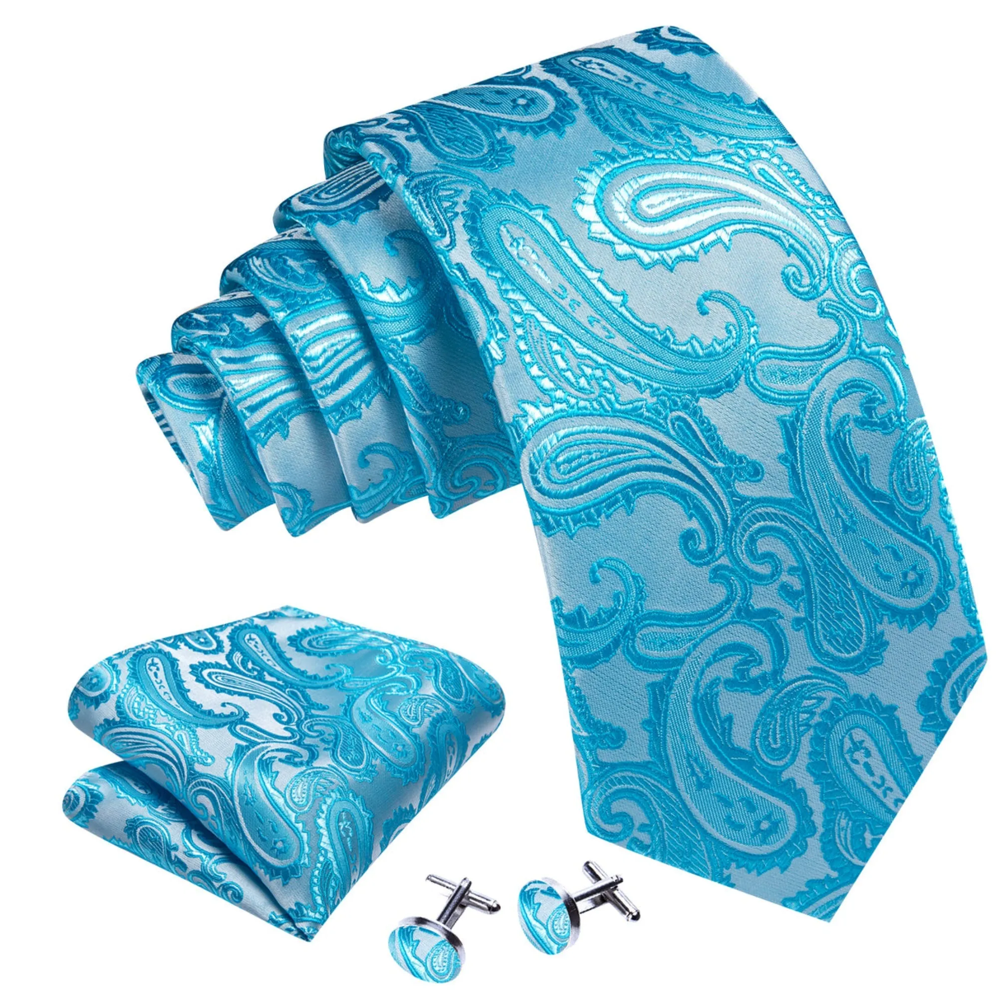 Men's Pale Blue Paisley 100% Silk Neck Tie With Matching Hanky And Cufflinks Set
