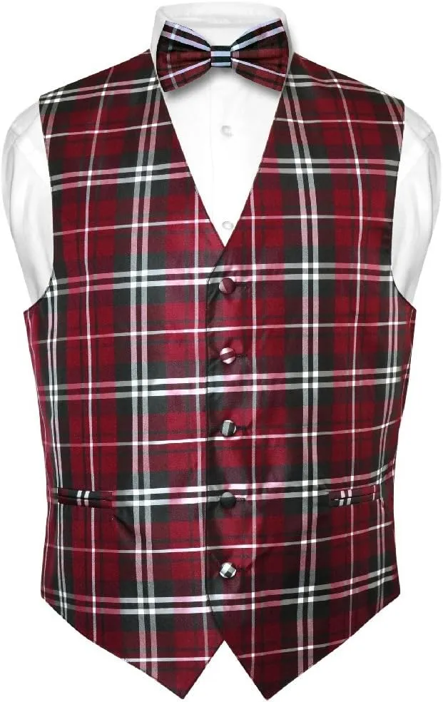 Men's Plaid Design Dress Vest & BOWTie Black Gray White BOW Tie Set
