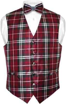 Men's Plaid Design Dress Vest & BOWTie Black Gray White BOW Tie Set