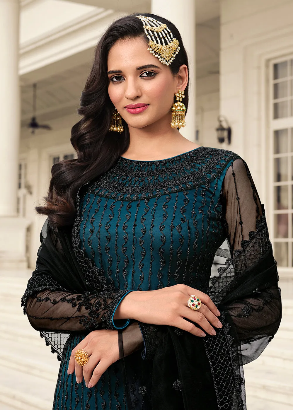 Mesmeric Blue & Black Embroidered Pant Style Salwar Suit