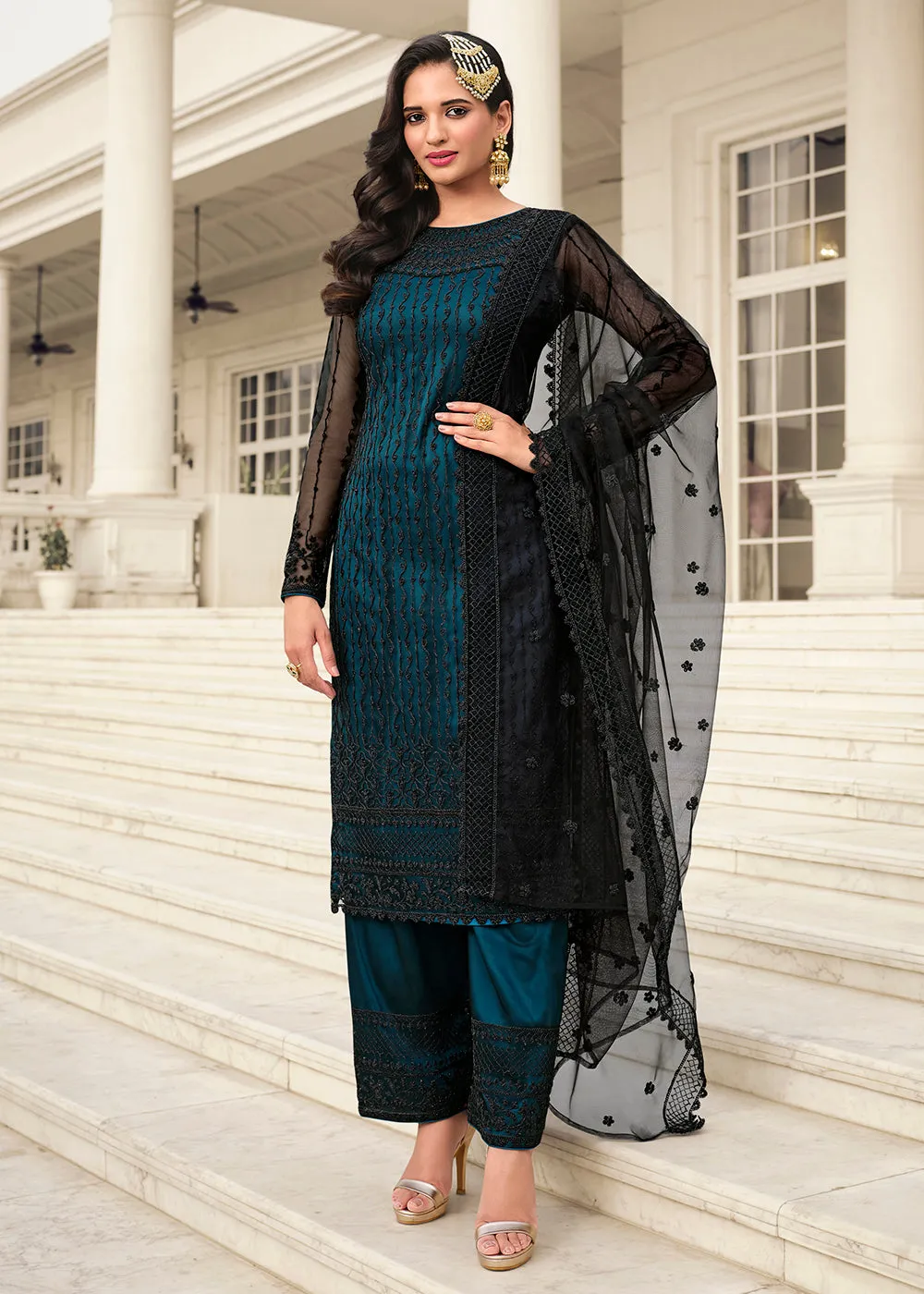 Mesmeric Blue & Black Embroidered Pant Style Salwar Suit