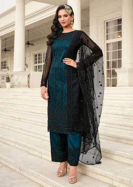 Mesmeric Blue & Black Embroidered Pant Style Salwar Suit