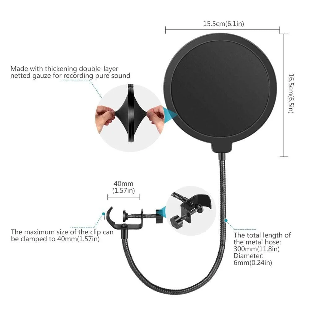 Microphone Pop Filter Shield with Flexible Gooseneck