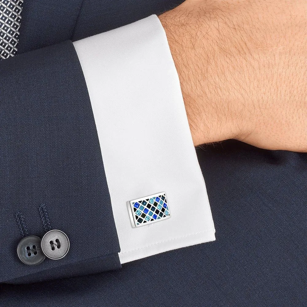 Mr.Van Elegant Diamond Crystal Cufflinks Blue Glimmering Cuff Links Set Wedding Christmas Business Party French Shirt Accessories Gifts for Him Husband Groom Best Man
