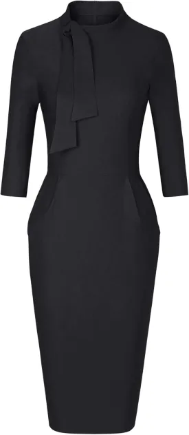 MUXXN Women's Midi Pencil 1950s Vintage Cocktail 3/4 Sleeve Tie Neck Bodycon Mid-Calf Dress with Pockets