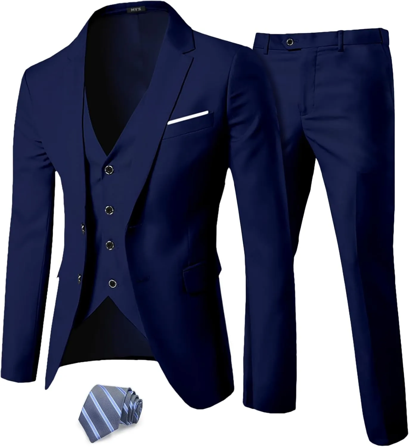 MY'S Men's 3 Piece Slim Fit Suit Set, Two Button Blazer Jacket Vest Pants with Tie, Solid Wedding Dress Tux and Trousers