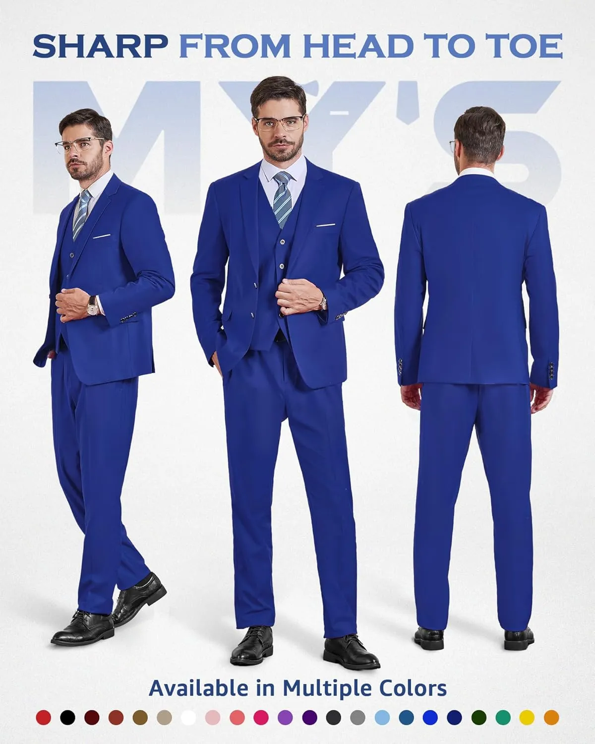 MY'S Men's 3 Piece Slim Fit Suit Set, Two Button Blazer Jacket Vest Pants with Tie, Solid Wedding Dress Tux and Trousers