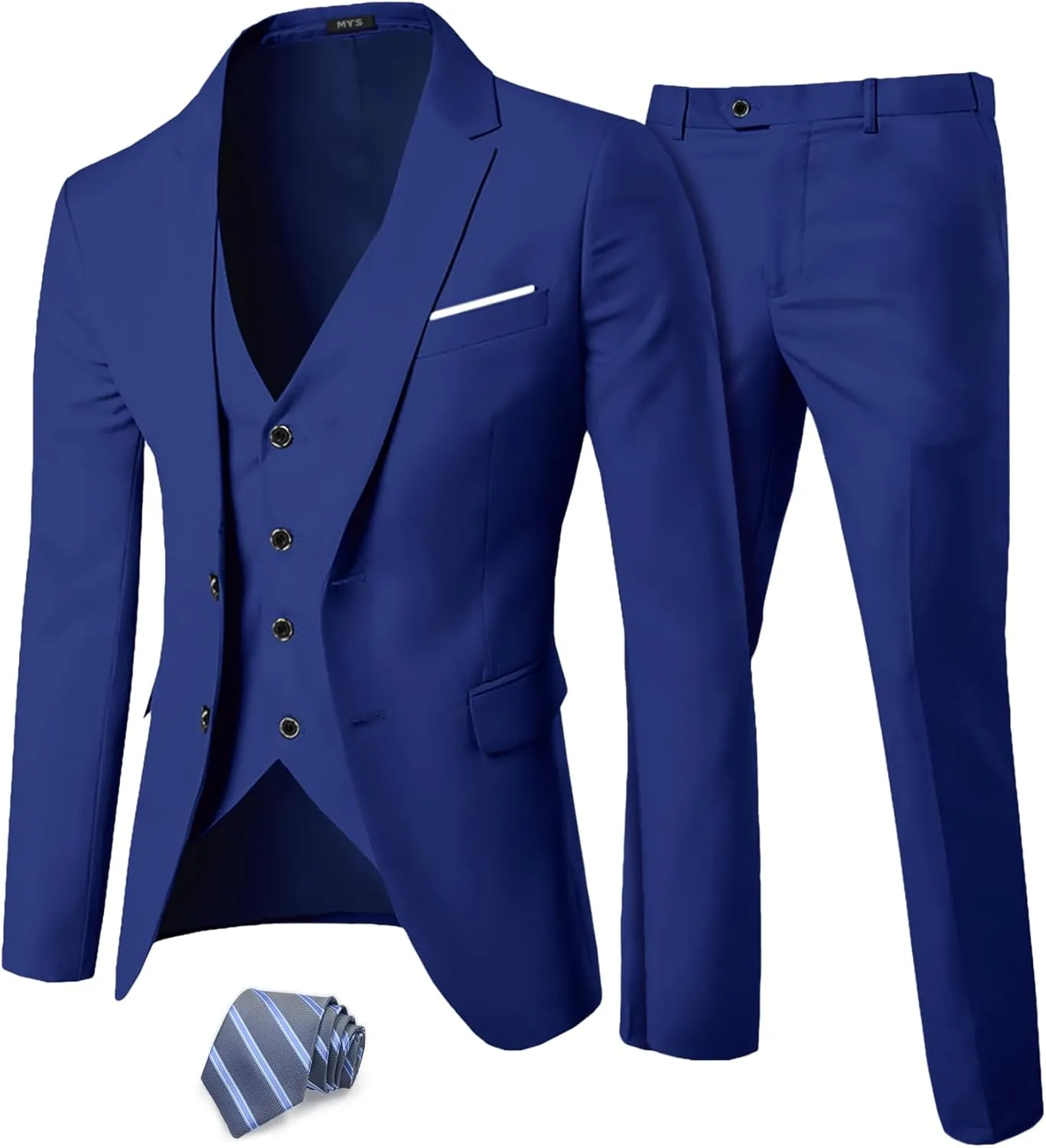 MY'S Men's 3 Piece Slim Fit Suit Set, Two Button Blazer Jacket Vest Pants with Tie, Solid Wedding Dress Tux and Trousers