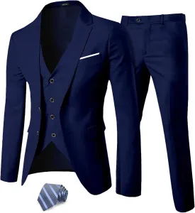MY'S Men's 3 Piece Slim Fit Suit Set, Two Button Blazer Jacket Vest Pants with Tie, Solid Wedding Dress Tux and Trousers