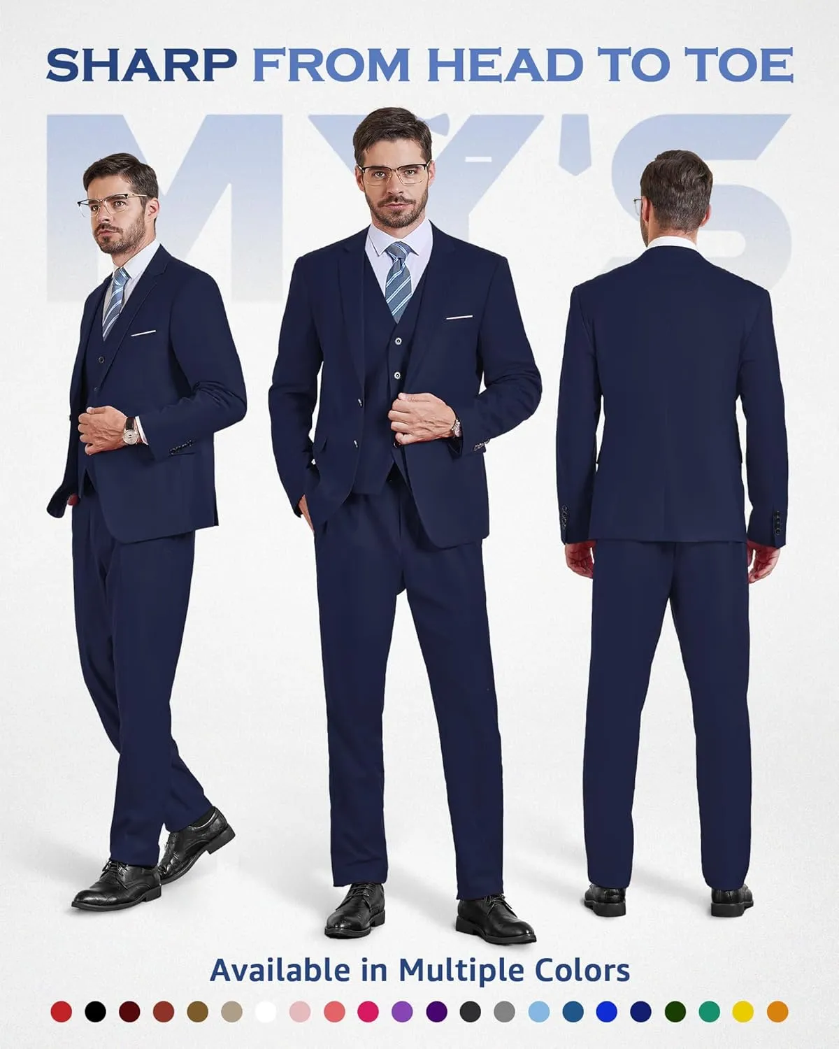 MY'S Men's 3 Piece Slim Fit Suit Set, Two Button Blazer Jacket Vest Pants with Tie, Solid Wedding Dress Tux and Trousers