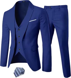 MY'S Men's 3 Piece Slim Fit Suit Set, Two Button Blazer Jacket Vest Pants with Tie, Solid Wedding Dress Tux and Trousers