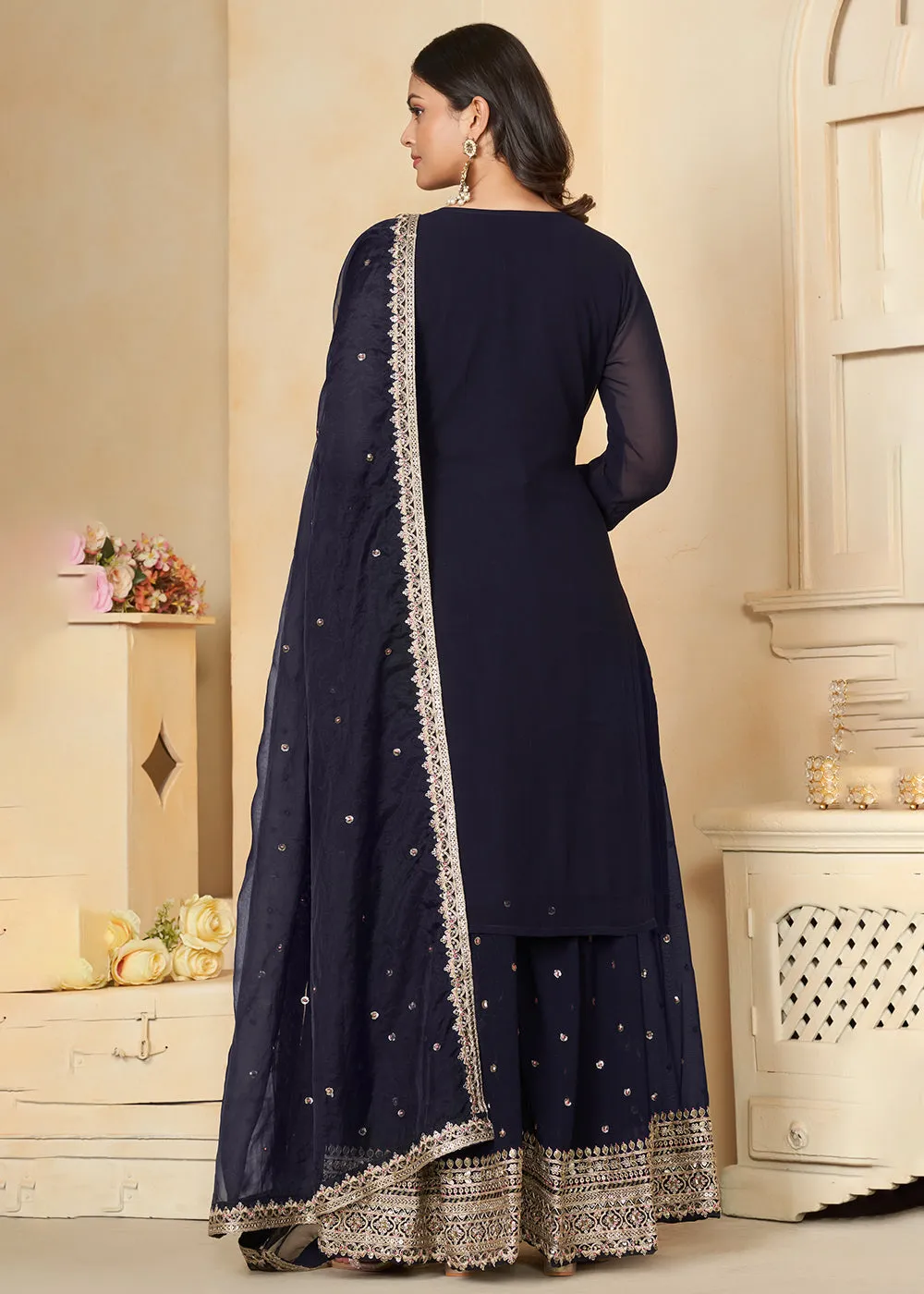 Navy Blue Faux Georgette Embroidered Wedding Sharara Suit