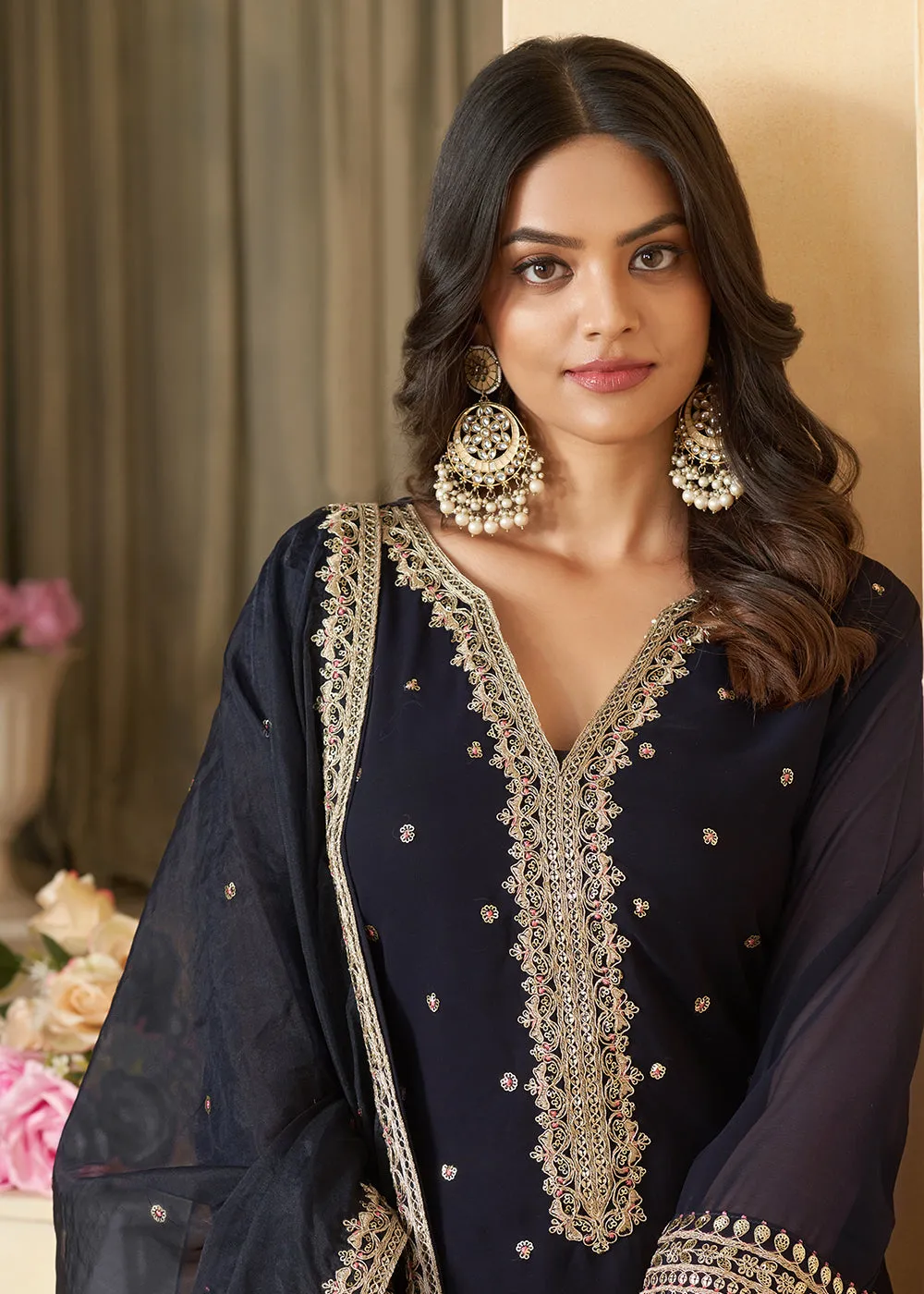 Navy Blue Faux Georgette Embroidered Wedding Sharara Suit