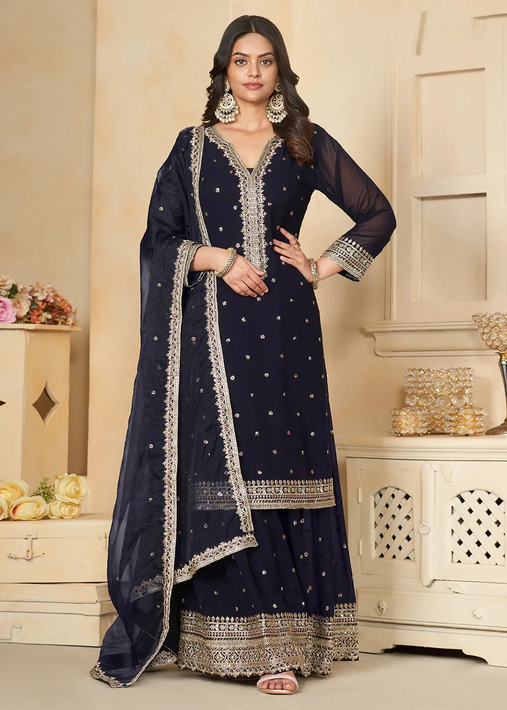 Navy Blue Faux Georgette Embroidered Wedding Sharara Suit