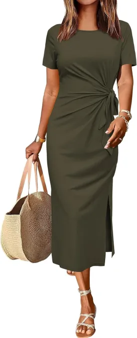 Newshows Women 2025 Summer Casual Dress Tie Waist T Shirt Short Sleeve Spring Crew Neck Slit Maxi Trendy