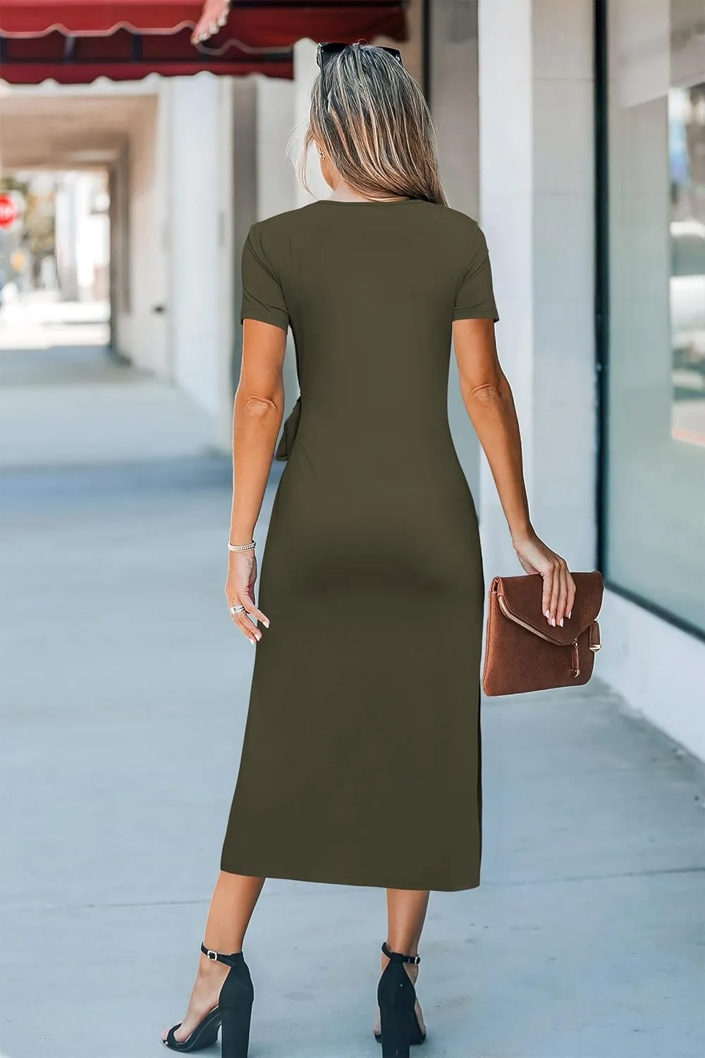 Newshows Women 2025 Summer Casual Dress Tie Waist T Shirt Short Sleeve Spring Crew Neck Slit Maxi Trendy