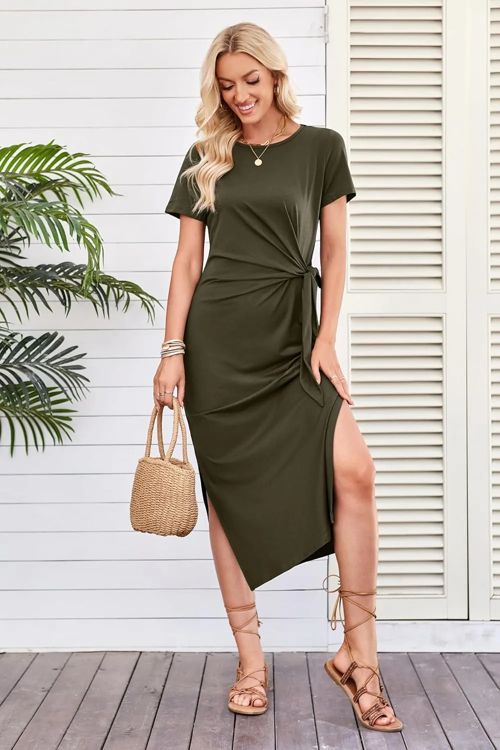 Newshows Women 2025 Summer Casual Dress Tie Waist T Shirt Short Sleeve Spring Crew Neck Slit Maxi Trendy