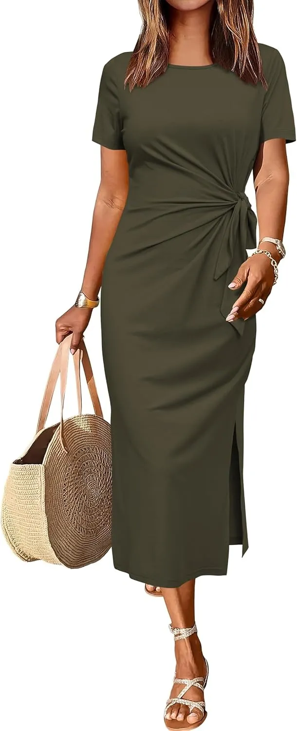 Newshows Women 2025 Summer Casual Dress Tie Waist T Shirt Short Sleeve Spring Crew Neck Slit Maxi Trendy