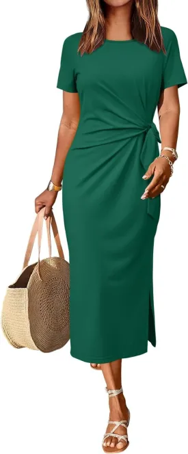 Newshows Women 2025 Summer Casual Dress Tie Waist T Shirt Short Sleeve Spring Crew Neck Slit Maxi Trendy