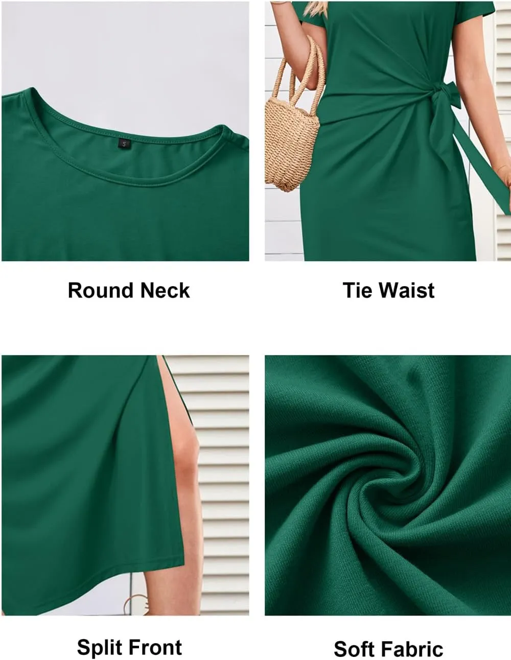 Newshows Women 2025 Summer Casual Dress Tie Waist T Shirt Short Sleeve Spring Crew Neck Slit Maxi Trendy