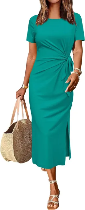 Newshows Women 2025 Summer Casual Dress Tie Waist T Shirt Short Sleeve Spring Crew Neck Slit Maxi Trendy