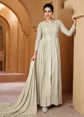 Off White Crushed Georgette Mirror Lucknowi Work Anarkali Dress