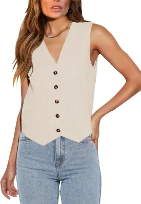 Orchidays Women's Business Button Up V Neck Vest Casual Fully Lined Sleeveless Jacket Waistcoat with Pocket