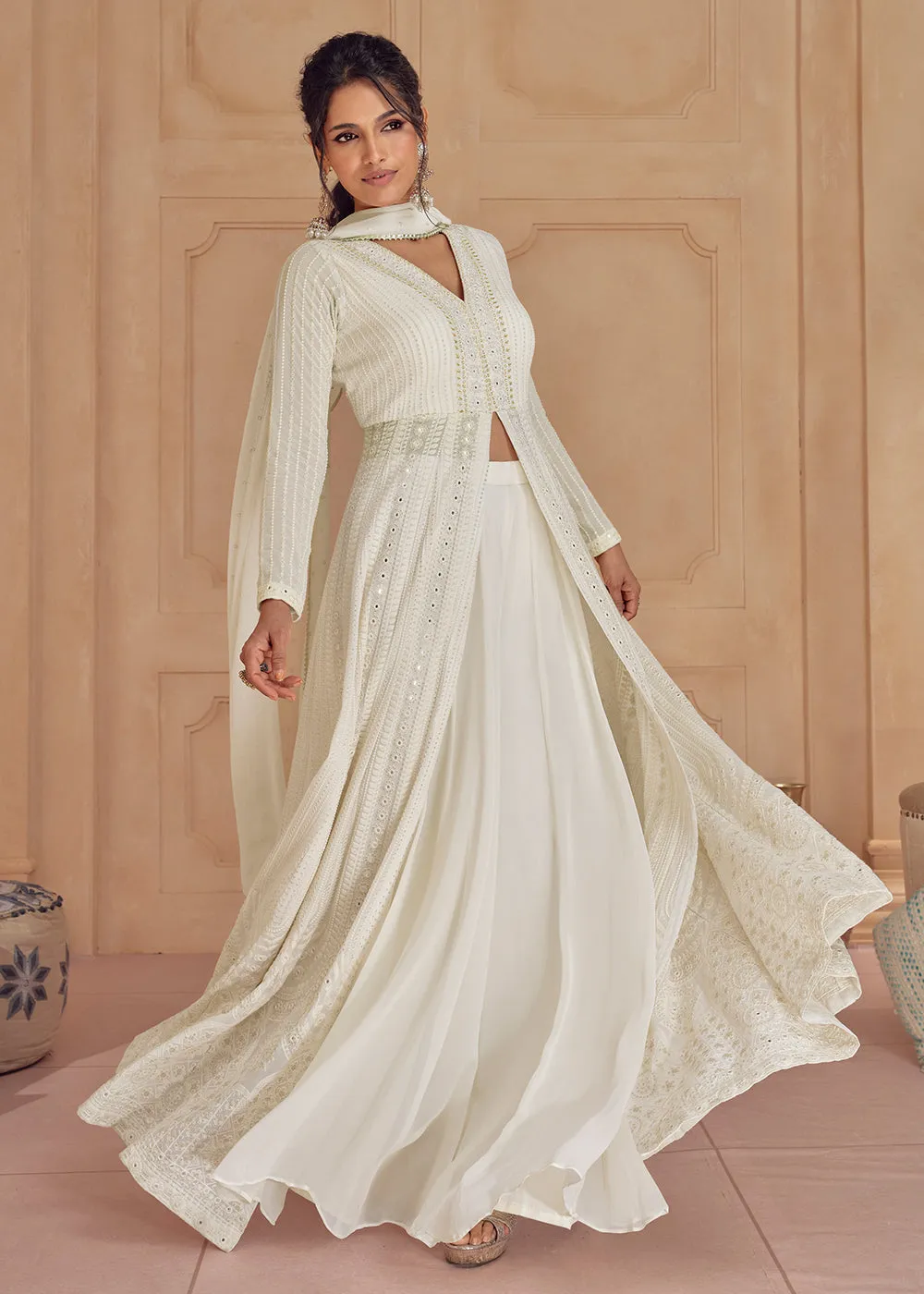 Palazzo Style Off White Lucknowi Embroidered Anarkali Suit