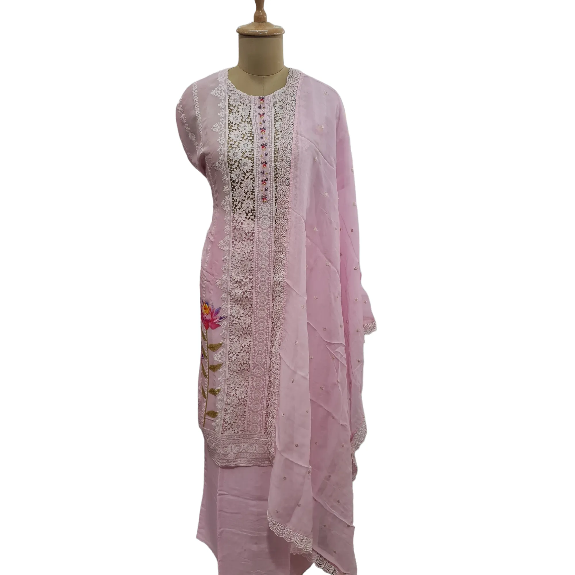Pink Floral Beads Sequins Thread Embroidery Suit Set With Dupatta