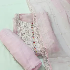 Pink Floral Beads Sequins Thread Embroidery Suit Set With Dupatta