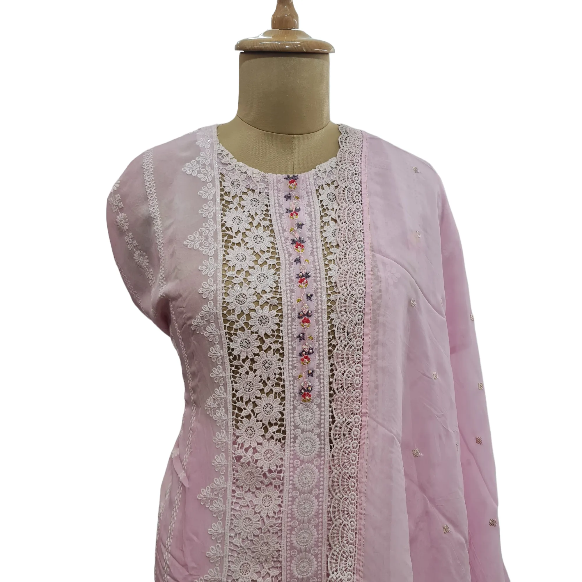 Pink Floral Beads Sequins Thread Embroidery Suit Set With Dupatta