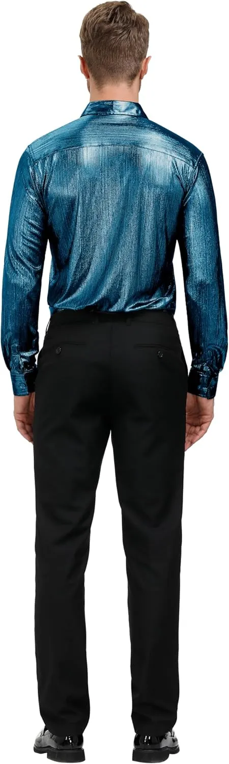 PJ PAUL JONES Men's 70s Disco Shirts Luxury Metallic Sequins Button Down Long Sleeve Party Shirt Nightclub Costume Tops