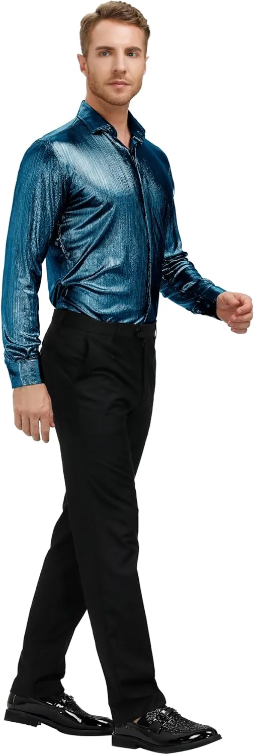 PJ PAUL JONES Men's 70s Disco Shirts Luxury Metallic Sequins Button Down Long Sleeve Party Shirt Nightclub Costume Tops