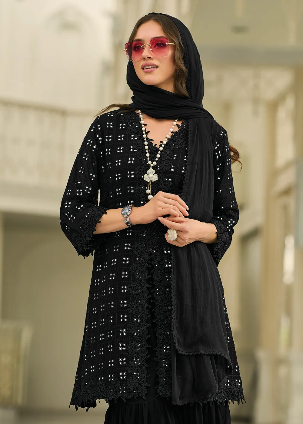 Pleasing Black Fancy Embroidered Festive Gharara Suit