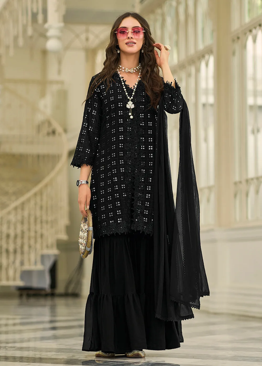 Pleasing Black Fancy Embroidered Festive Gharara Suit
