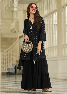 Pleasing Black Fancy Embroidered Festive Gharara Suit