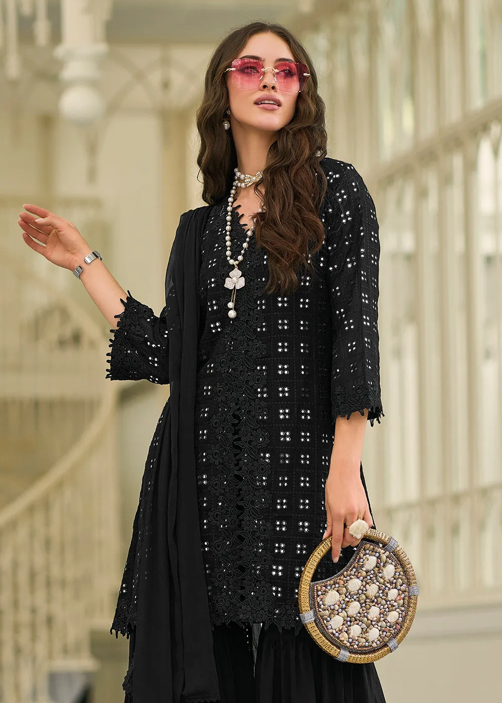 Pleasing Black Fancy Embroidered Festive Gharara Suit
