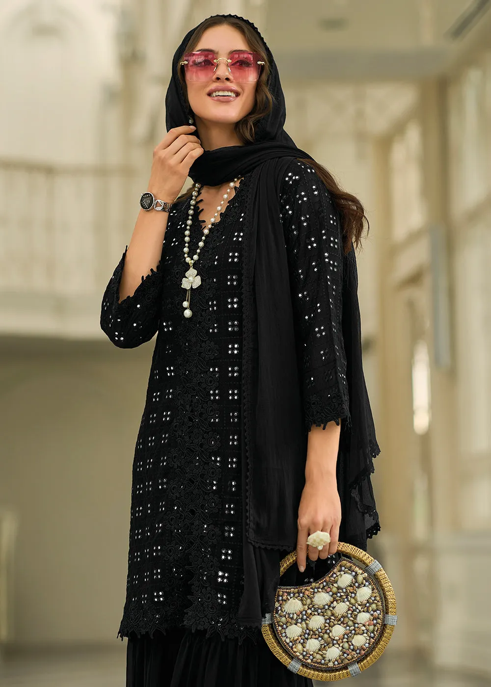 Pleasing Black Fancy Embroidered Festive Gharara Suit