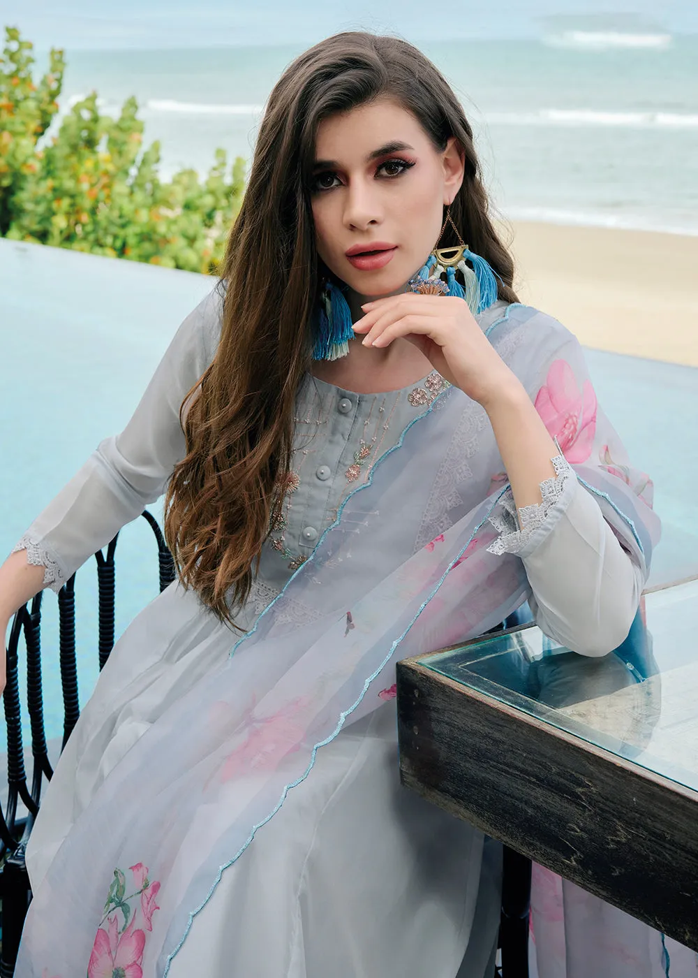 Pleasing Blue Organza Khatli Hand Work Salwar Kameez