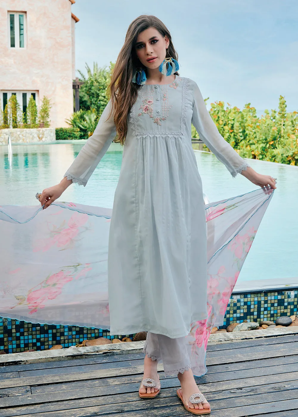 Pleasing Blue Organza Khatli Hand Work Salwar Kameez