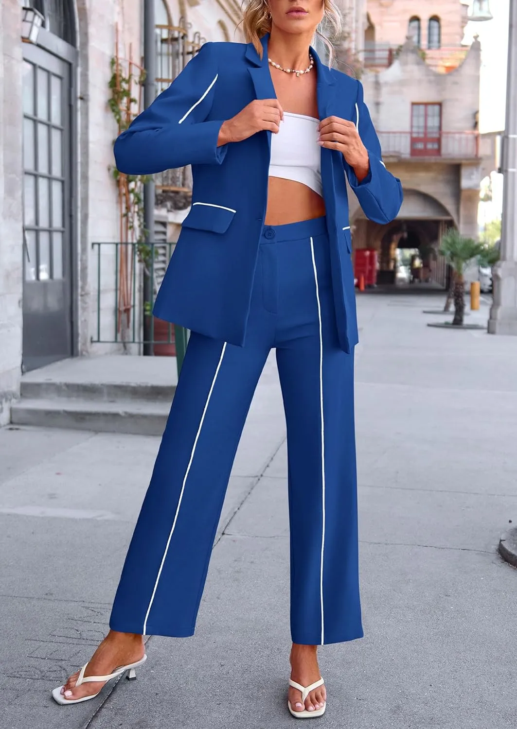 PRETTYGARDEN Women's Fall Spring 2 Piece Blazer Outfits Business Casual Oversized Jacket Wide Leg Work Pants Dressy Suit Set