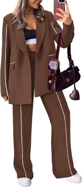 PRETTYGARDEN Women's Fall Spring 2 Piece Blazer Outfits Business Casual Oversized Jacket Wide Leg Work Pants Dressy Suit Set