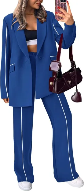 PRETTYGARDEN Women's Fall Spring 2 Piece Blazer Outfits Business Casual Oversized Jacket Wide Leg Work Pants Dressy Suit Set