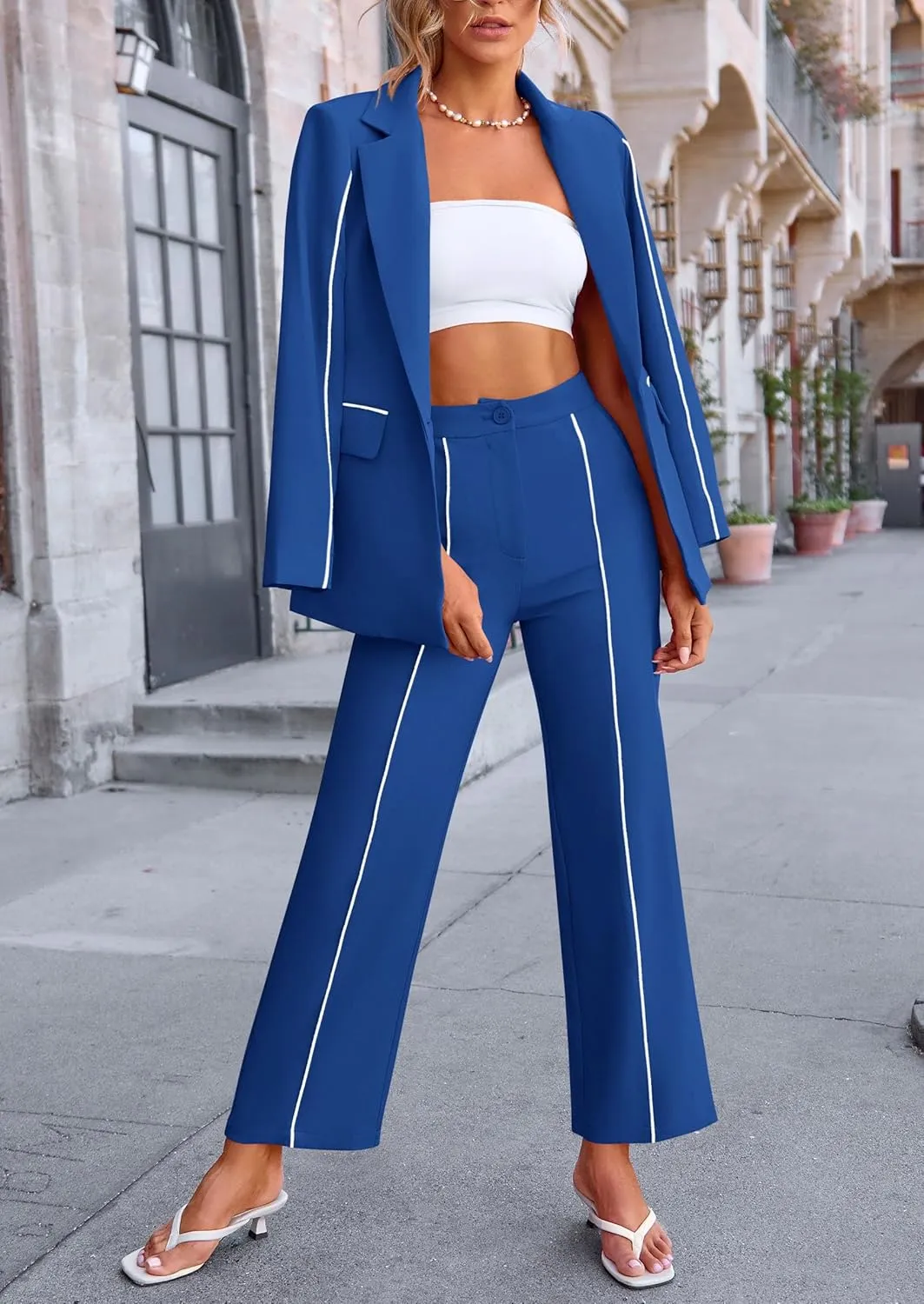PRETTYGARDEN Women's Fall Spring 2 Piece Blazer Outfits Business Casual Oversized Jacket Wide Leg Work Pants Dressy Suit Set
