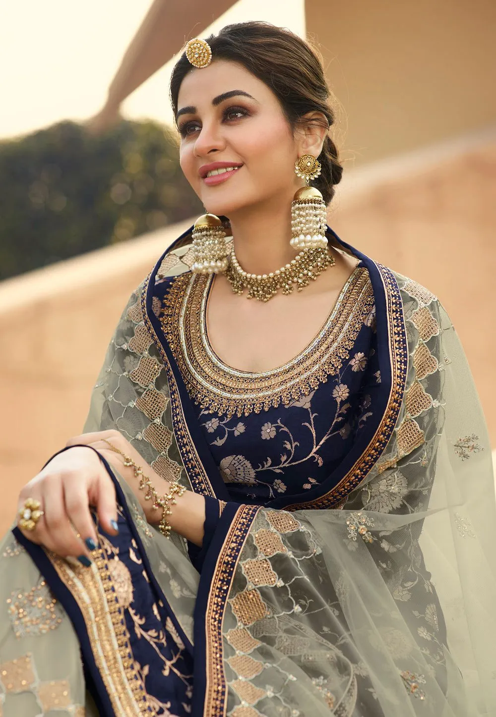 Prime Blue Jacquard Silk Embroidered Palazzo Suit