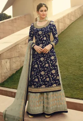 Prime Blue Jacquard Silk Embroidered Palazzo Suit